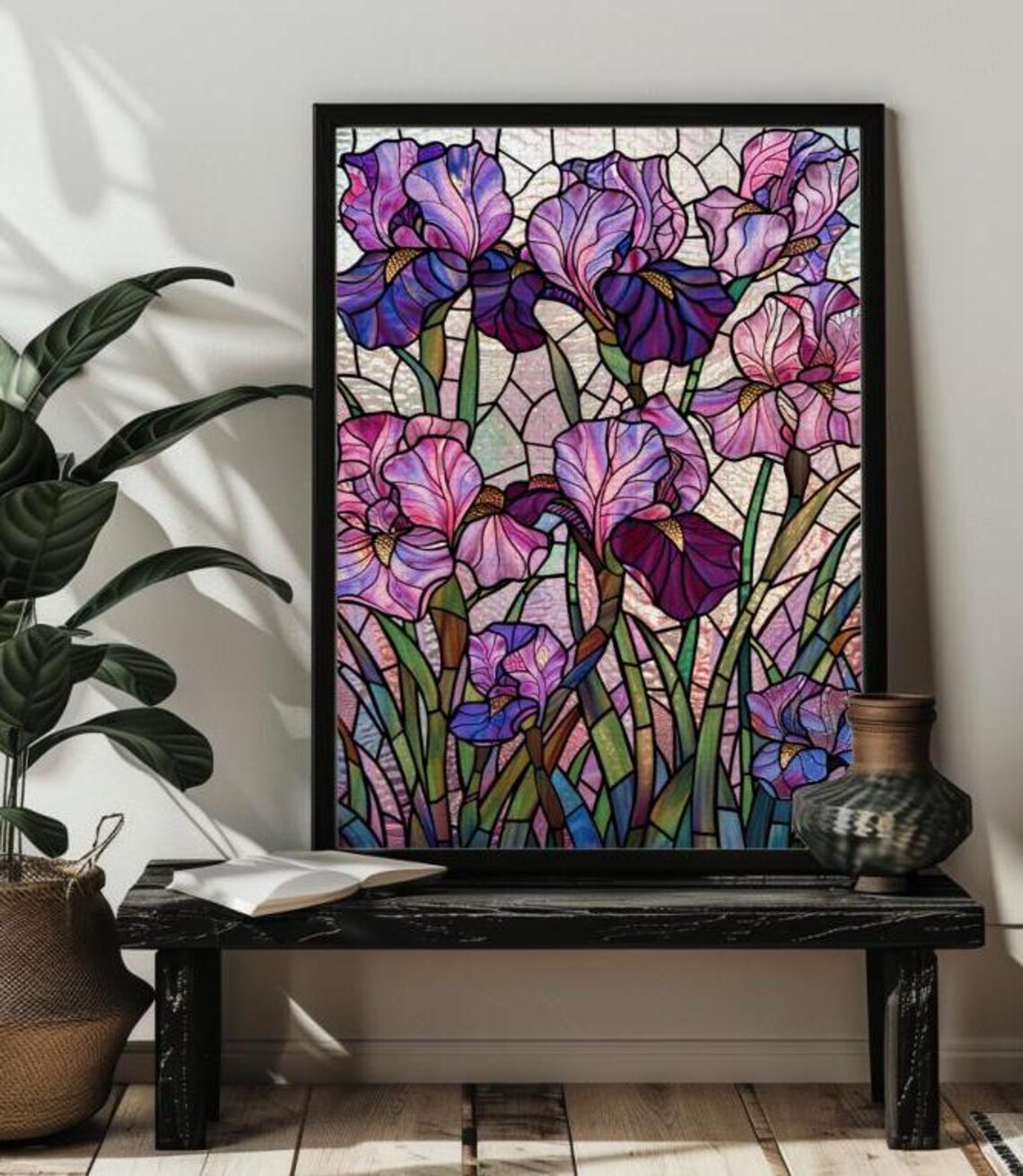 Stained Glass Iris Flowers Art Print, Purple Iris