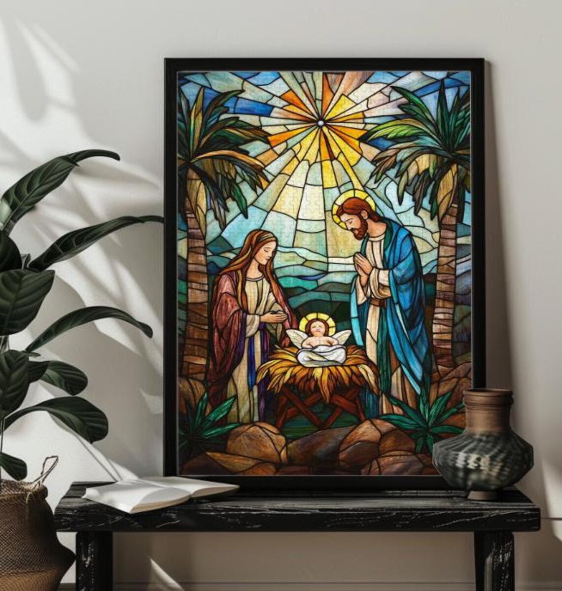 Stained Glass Nativity Scene Mary Joseph and Baby Jesus Poster