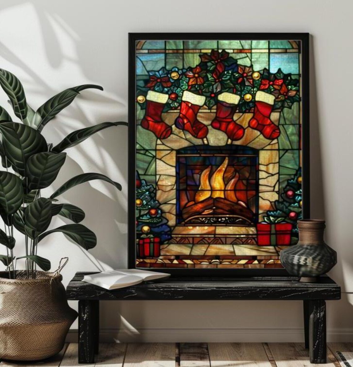 Stained Glass Christmas Fireplace With Stockings Jigsaw Puzzle Gift 2003005001000 Wood Christmas Puzzles Art Decorxmas Family Puzzle - Image 2