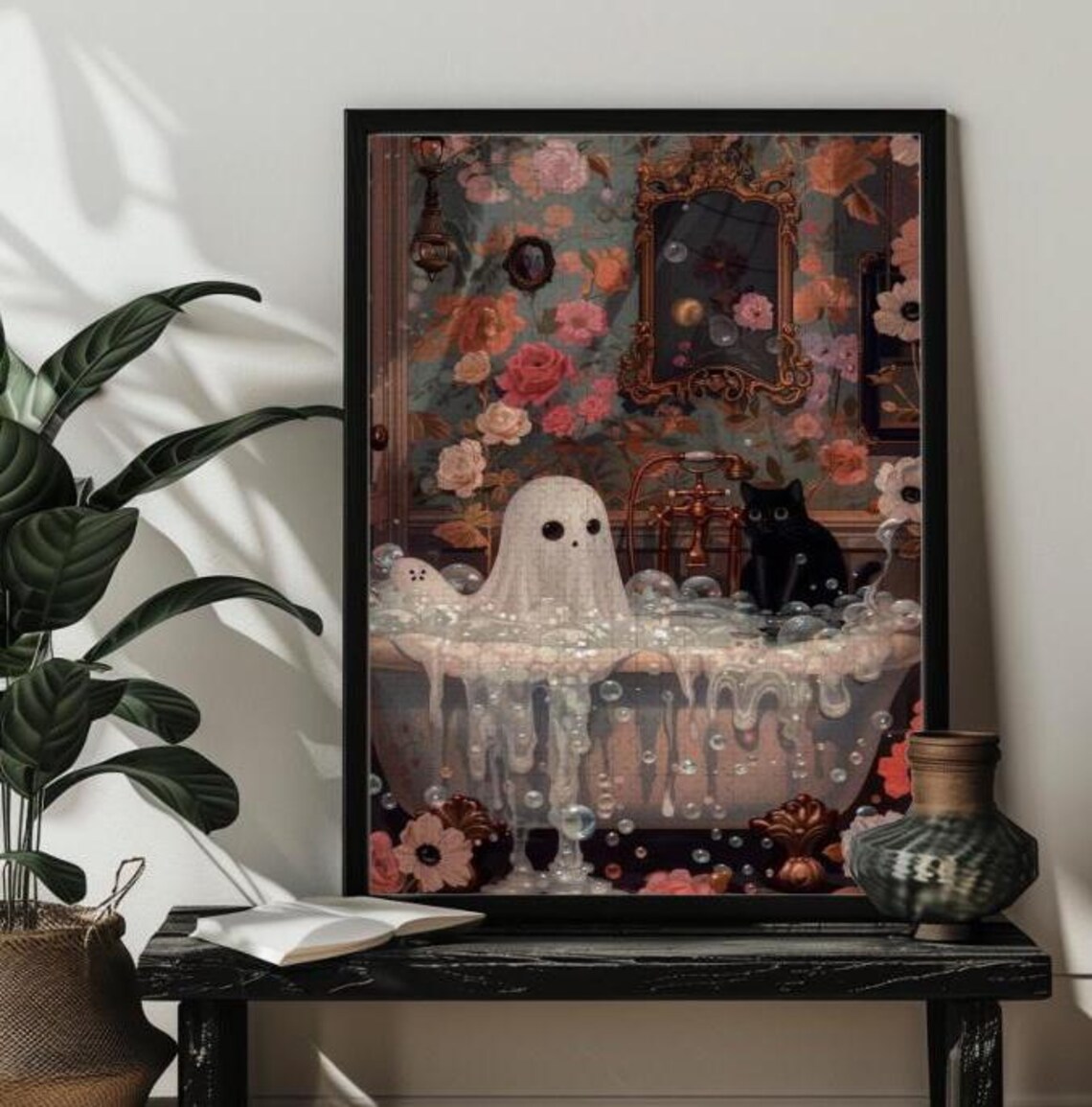 Ghost And Cat In Bathtub Halloween Art Print - Image 4