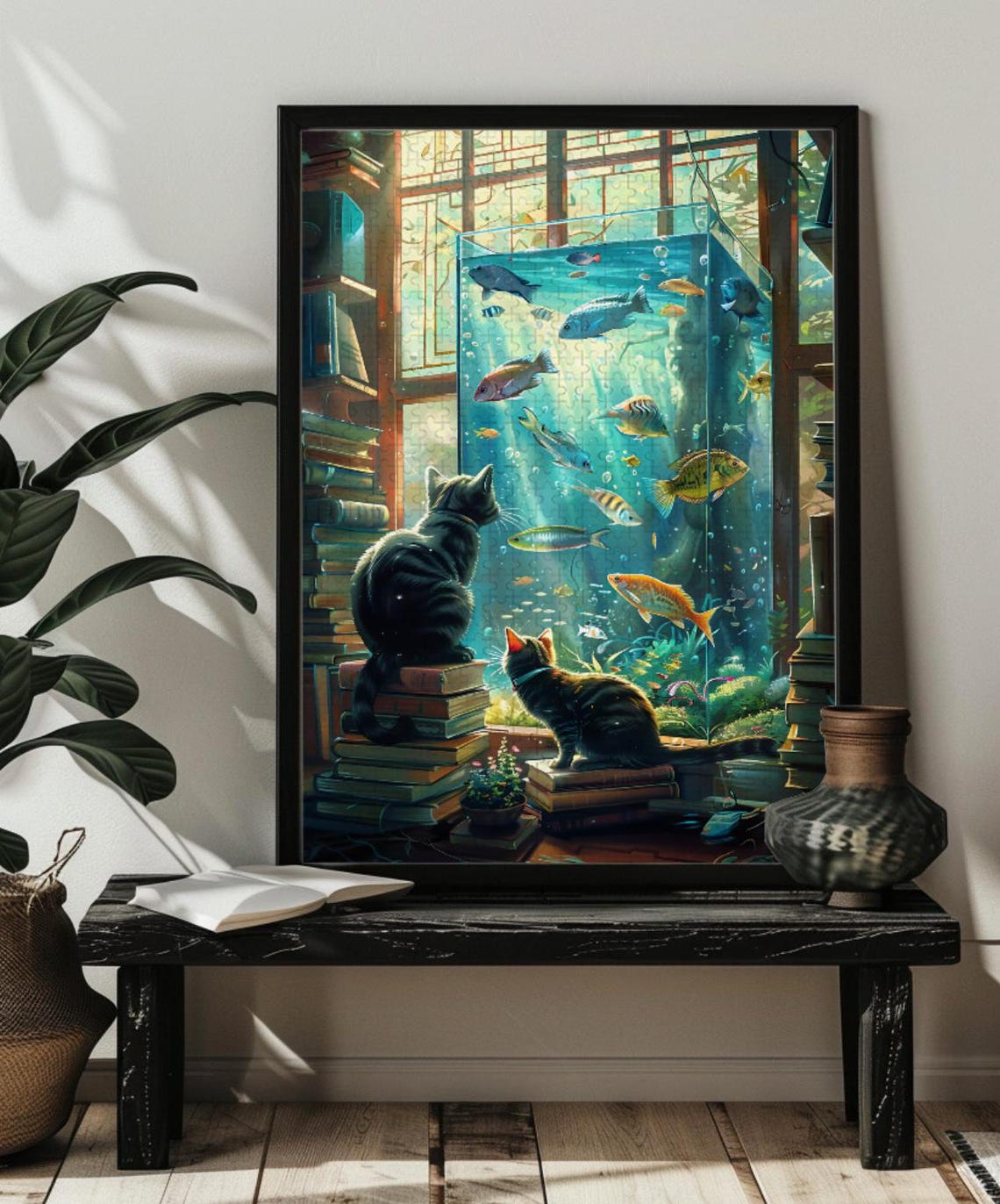 Two Cats Watching Goldfish in a Cozy Library Aquarium Poster - Image 3