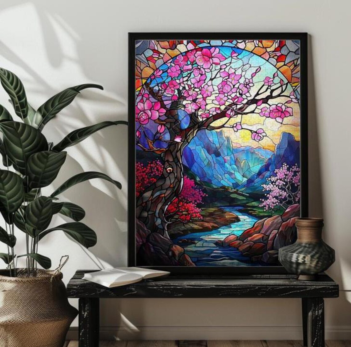 Stained Glass Cherry Blossom Puzzle Art Poster