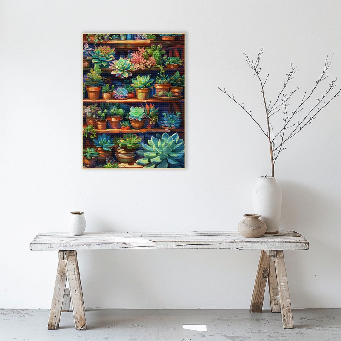 Potted Succulent Collection on Wooden Shelves Green Art Poster - Image 3