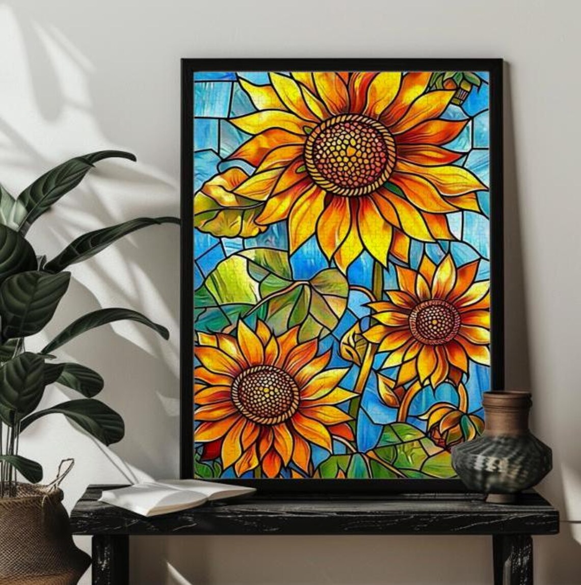 Stained Glass Sunflower Jigsaw Puzzle Art Print - Image 3