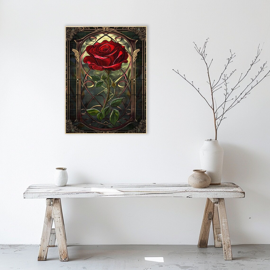 Red Rose Stained Glass Art Nouveau Window Style Floral Poster - Image 2