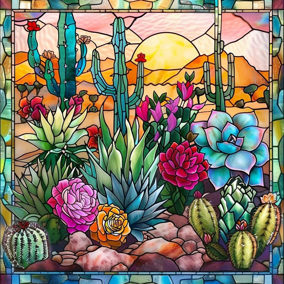 Desert Cactus Garden At Sunset Stained Glass Style Art Poster