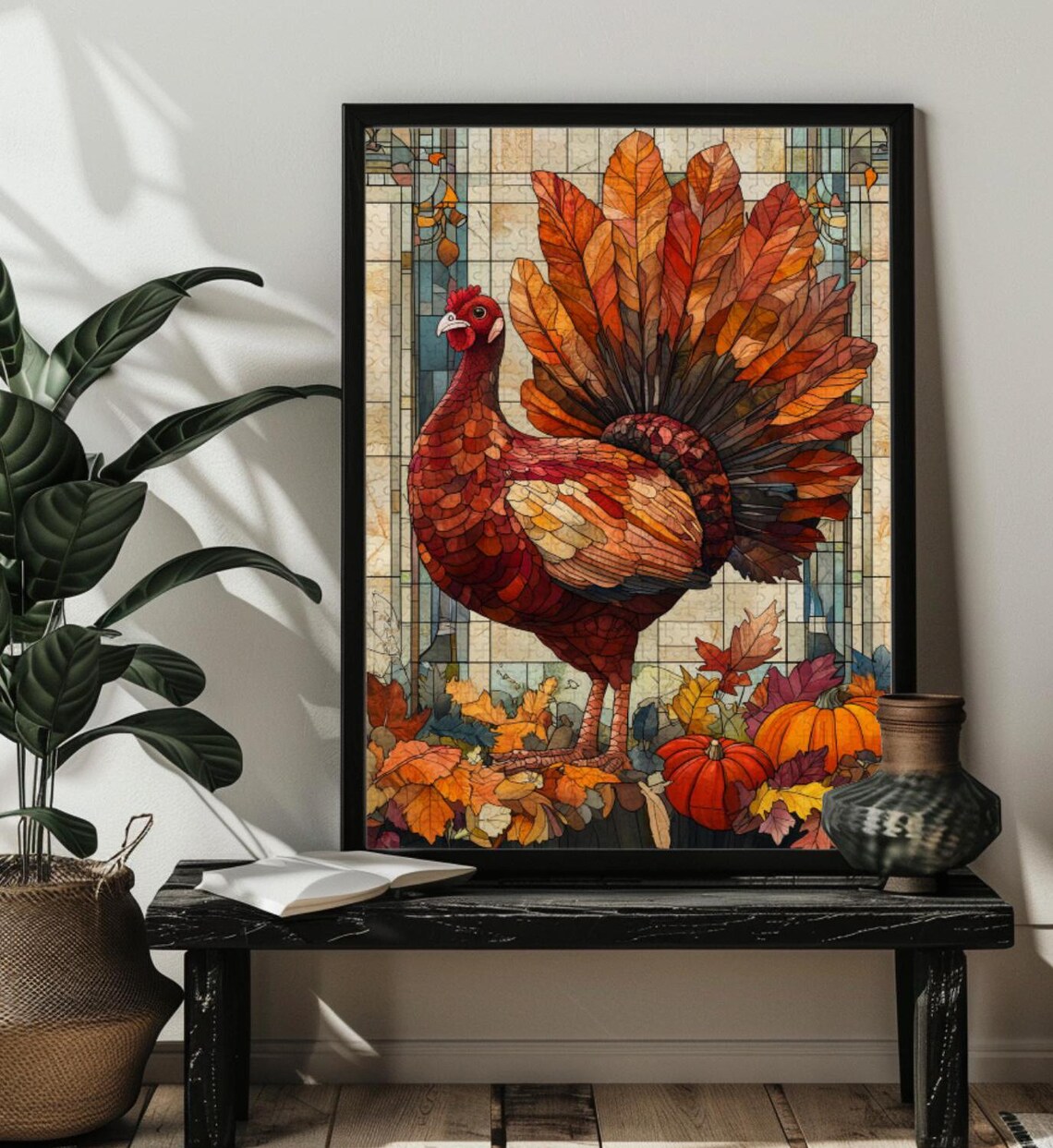 Stained Glass Thanksgiving Turkey Farmhouse Art Print
