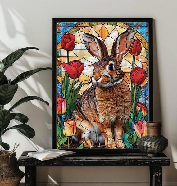 Stained Glass Bunny Rabbit, Morris-Inspired Art Print