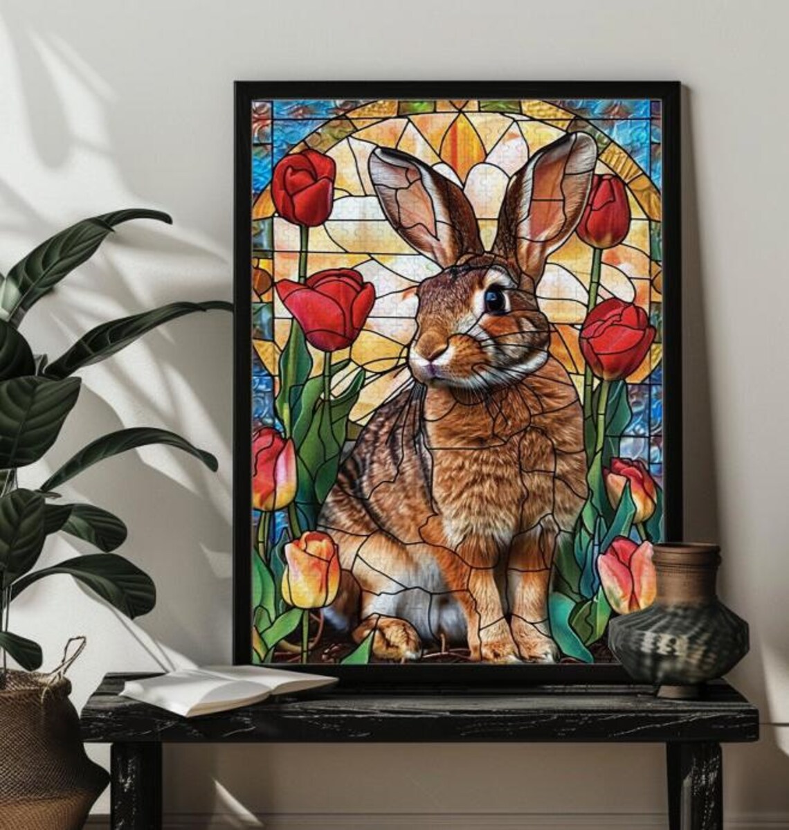 Stained Glass Bunny Rabbit, Morris-Inspired Art Print