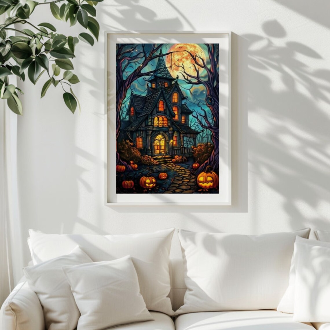 Halloween Stained Glass Gothic House Pumpkins Art Print - Image 4