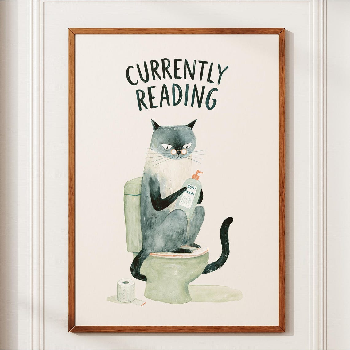 Funny Cat Bathroom Wall Art On Toilet Print Currently Reading Decor Quirky Humor Poster Book Lover Gift