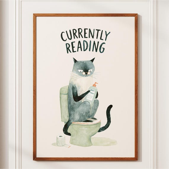 Funny Cat Bathroom Wall Art On Toilet Print Currently Reading Decor Quirky Humor Poster Book Lover Gift