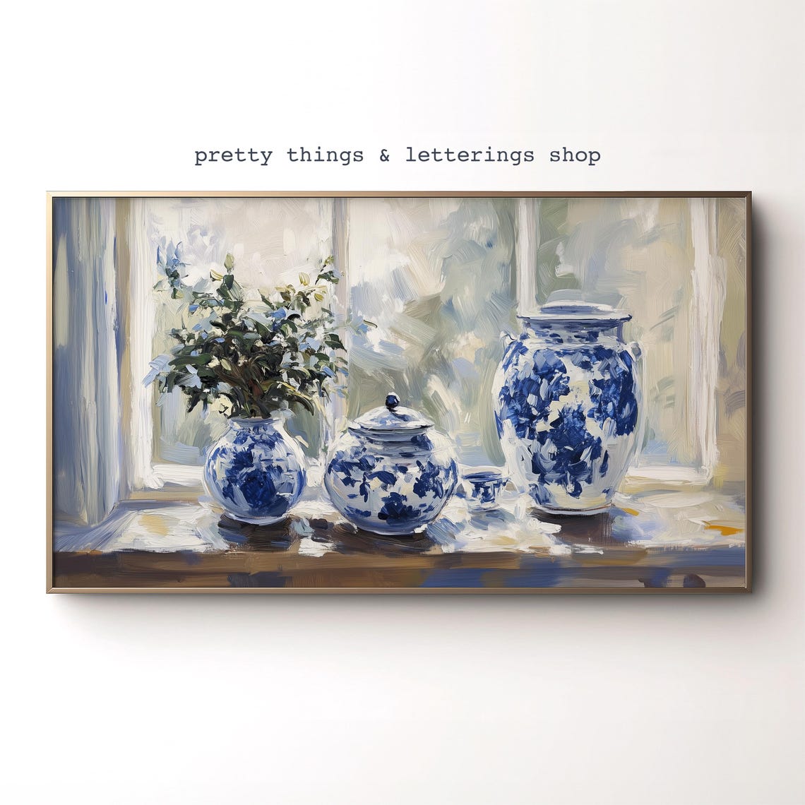 Blue White Chinoiserie Vases Windowsill Floral Still Life Poster