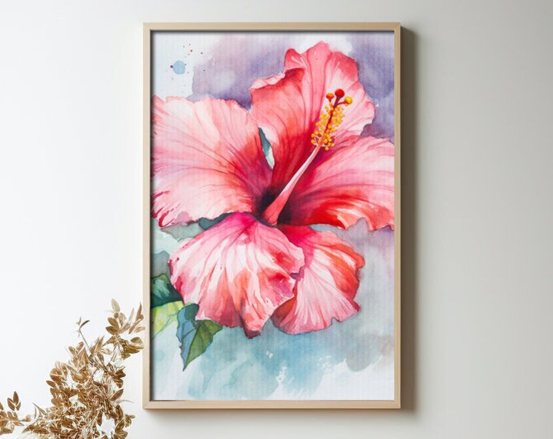 Hibiscus Flower Watercolor Painting Realistic Hibiscus Watercolor For Hallway Bathroom Living Room Office Hibiscus Painting