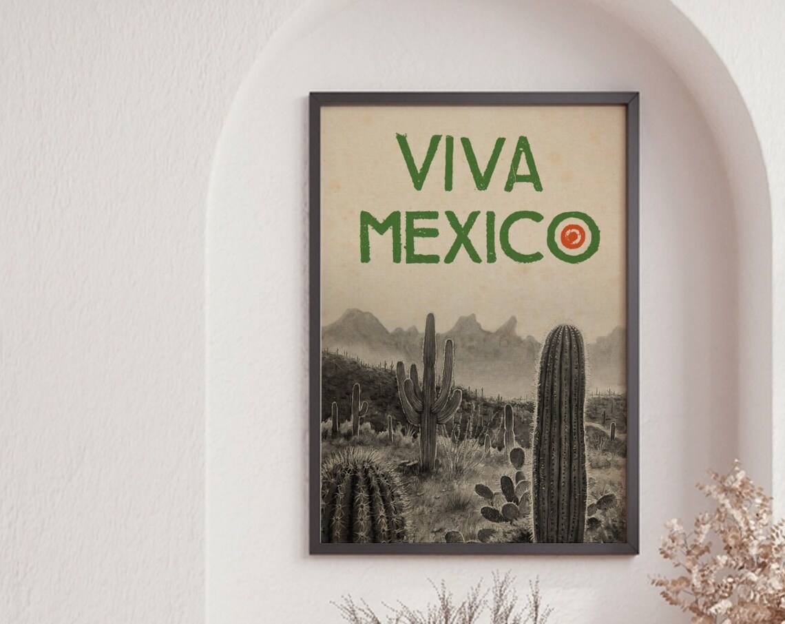 Viva Mexico Desert Cactus Mountains Monochrome Vintage Travel Poster