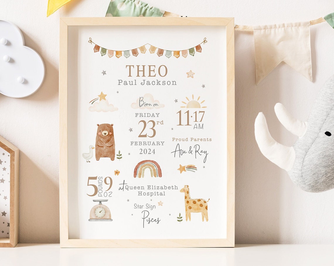 Theo Personalised Baby Birth Details Nursery Keepsake Art Print