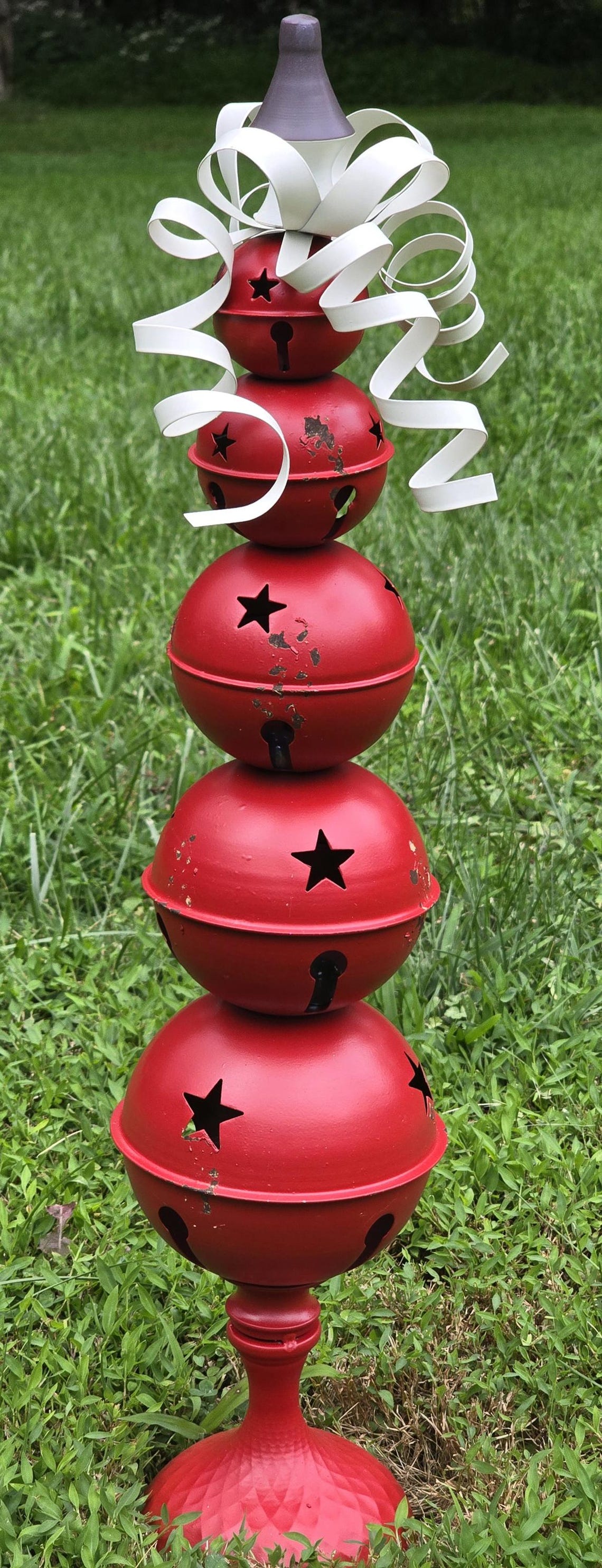 Stacked White Jingle Bell Christmas Tree Stand Red Ribbon Ornament - Image 3