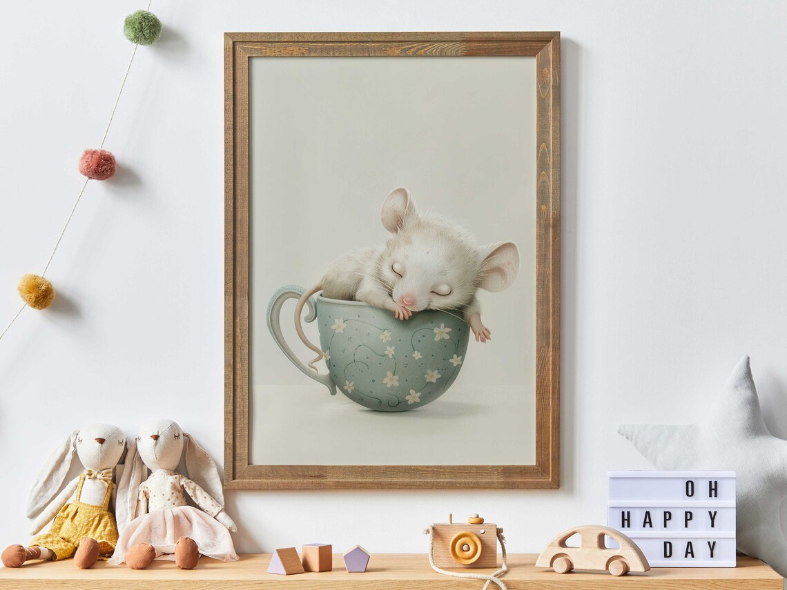 Mouse In A Tea Cup Vintage Nursery Art Print