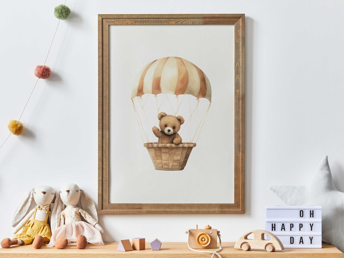 Cute Bear Nursery Art Print, Hot Air Balloon Decor