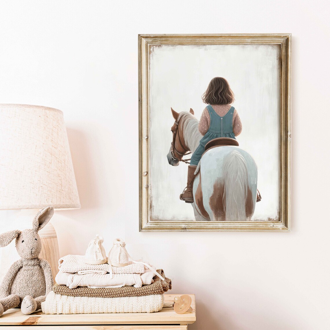 Girl In Denim Overalls Riding A Pinto Horse Viewed From Behind Poster - Image 2