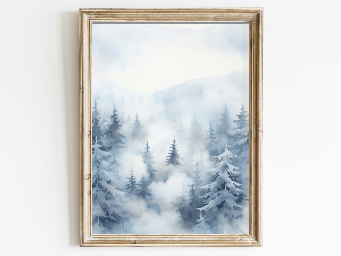 Misty Winter Pine Forest In Blue Watercolor Landscape Wall Art