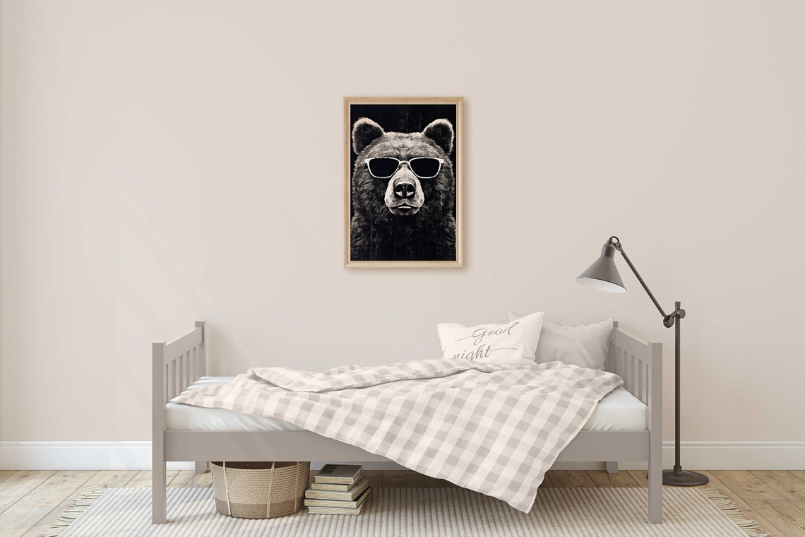 Cool Bear Wearing White Sunglasses on Black Background Animal Poster - Image 2