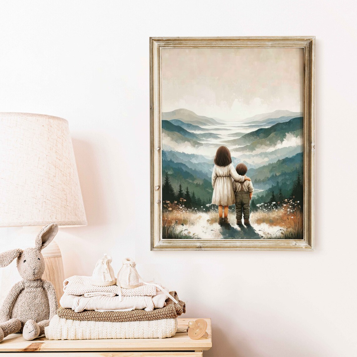 Brother and Sister Gazing at Misty Blue Mountains Landscape Poster - Image 2