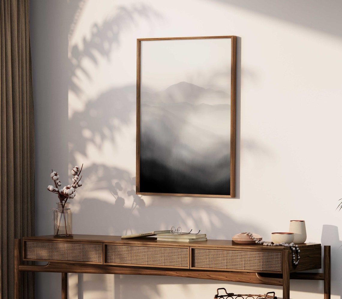 Misty Gray Mountains Abstract Minimalist Landscape Wall Poster - Image 2