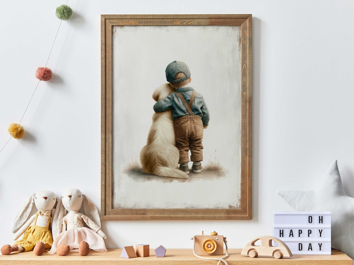 Boy and Golden Retriever Vintage Nursery Art Print