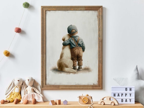 Boy and Golden Retriever Vintage Nursery Art Print
