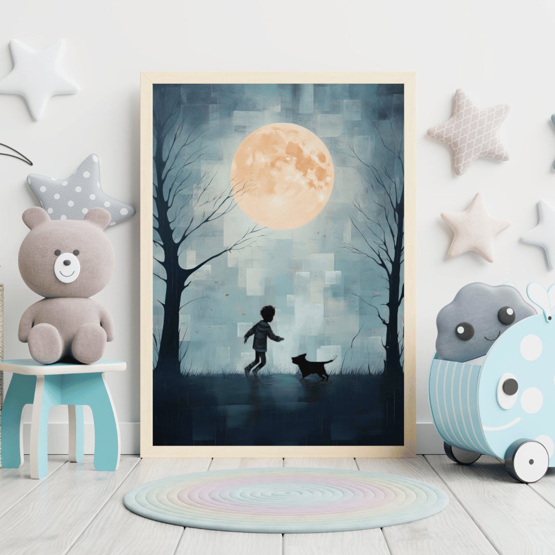 Little Boy And Dog Walking Under Giant Full Moon Night Poster - Image 2