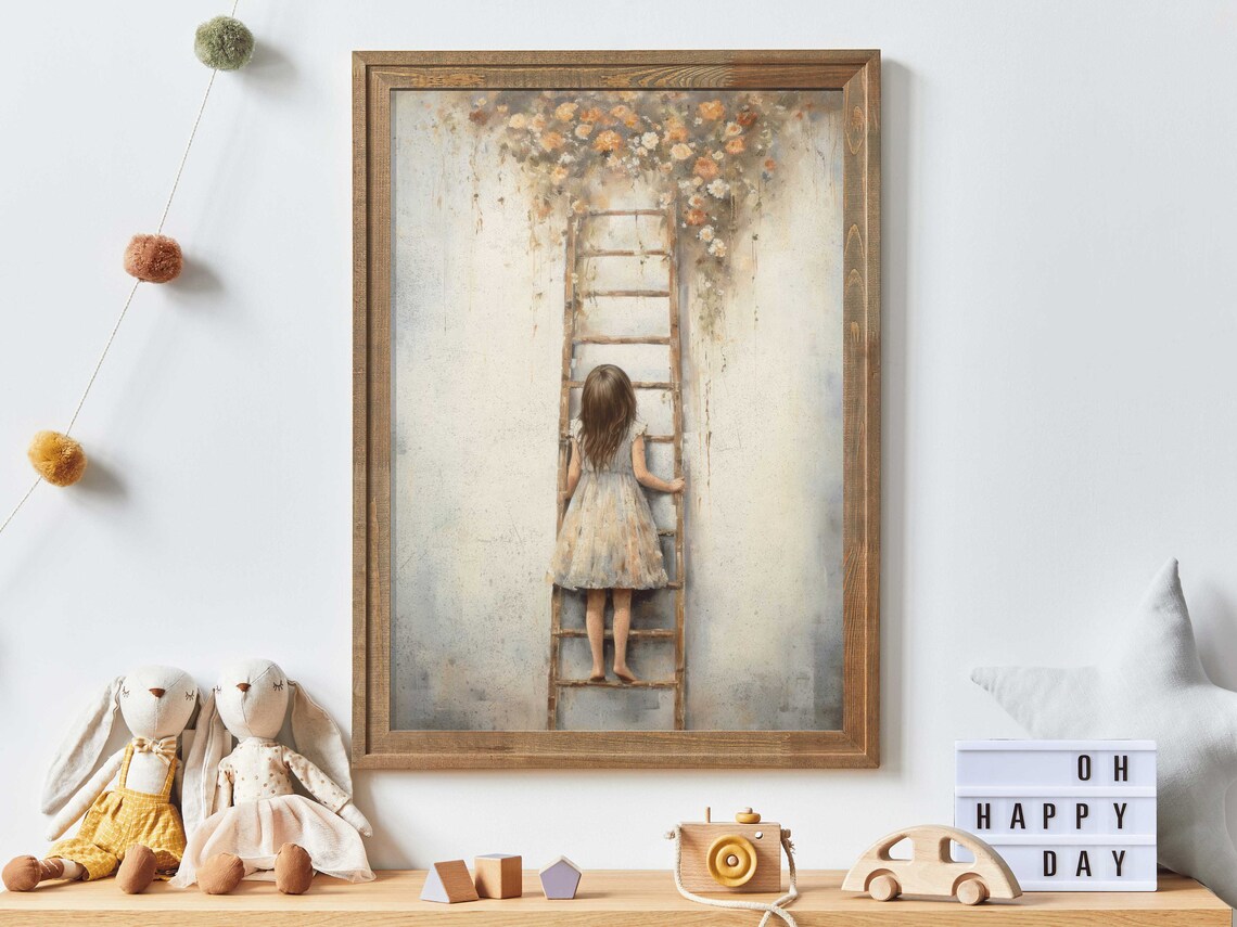 Little Girl Climbing Ladder Into Blooming Flowers Nursery Poster