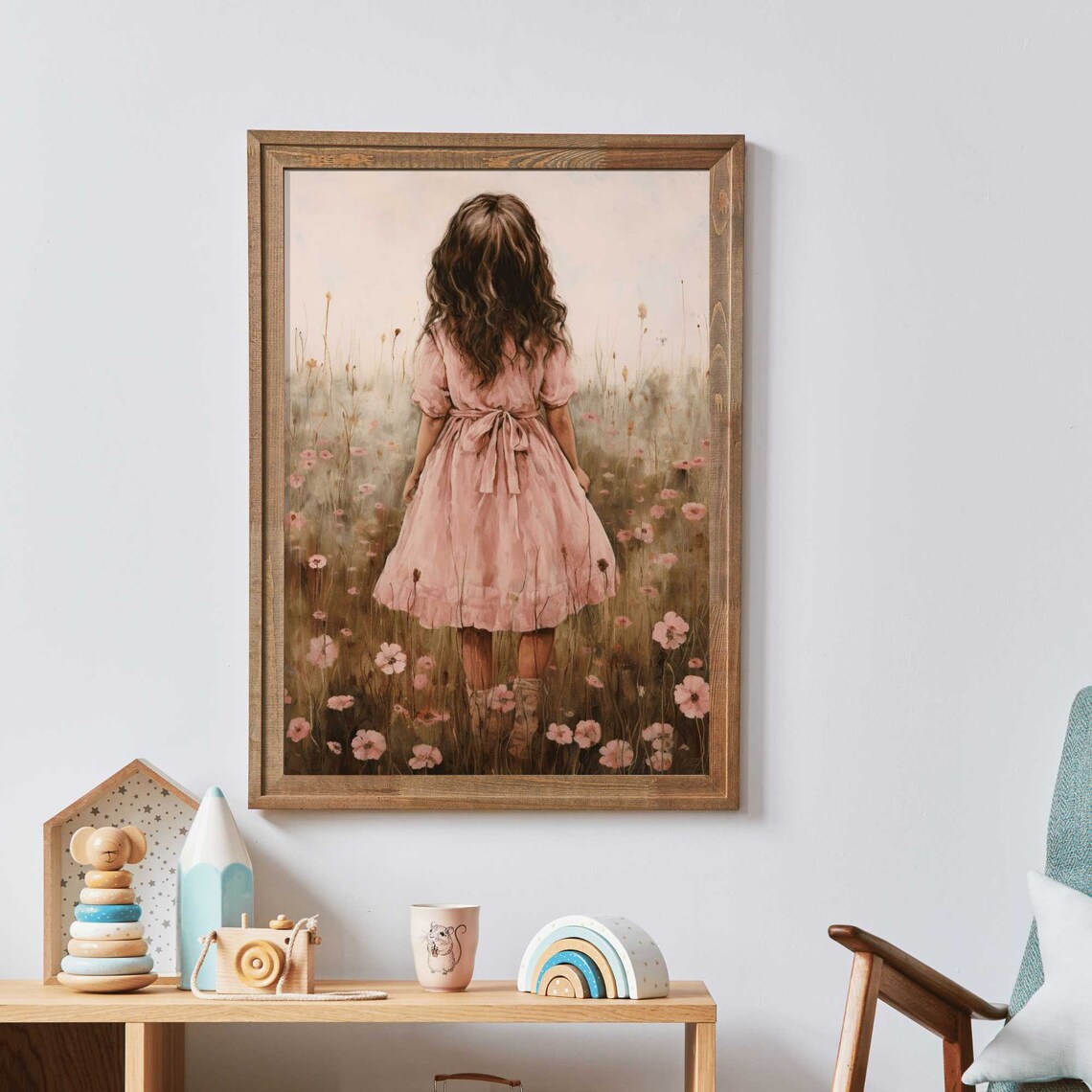 Little Girl in a Soft Pink Dress in a Wildflower Meadow Poster - Image 2