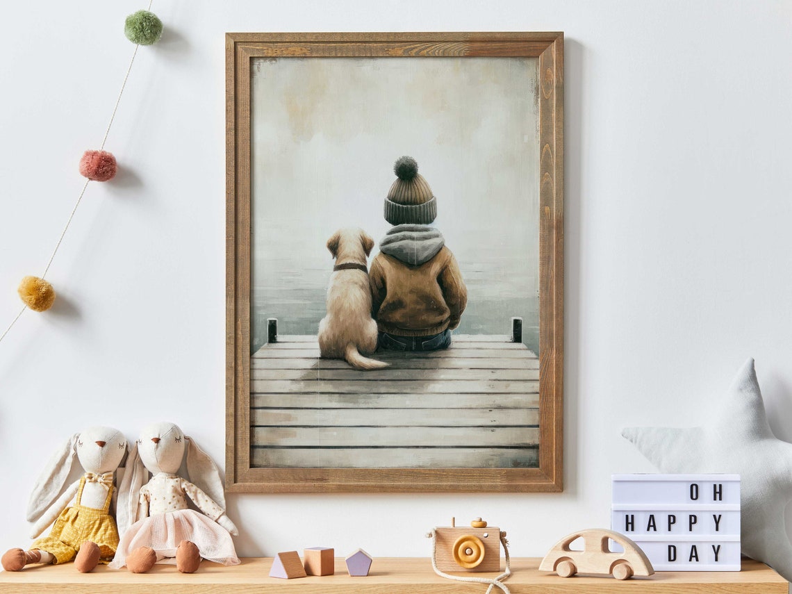 Boy And Dog Labrador Nursery Art Print