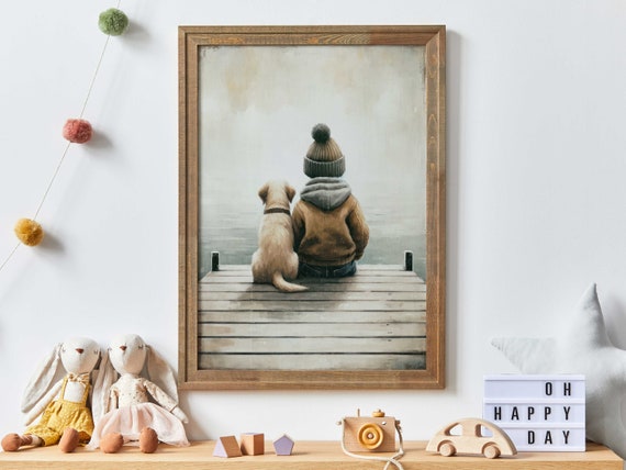 Boy And Dog Labrador Nursery Art Print
