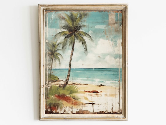 Vintage Tropical Beach With Palm Tree Distressed Coastal Wall Poster