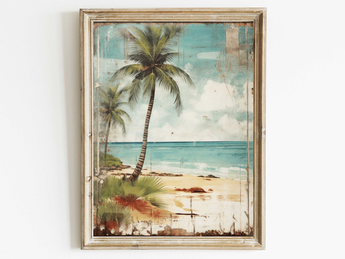 Vintage Tropical Beach With Palm Tree Distressed Coastal Wall Poster