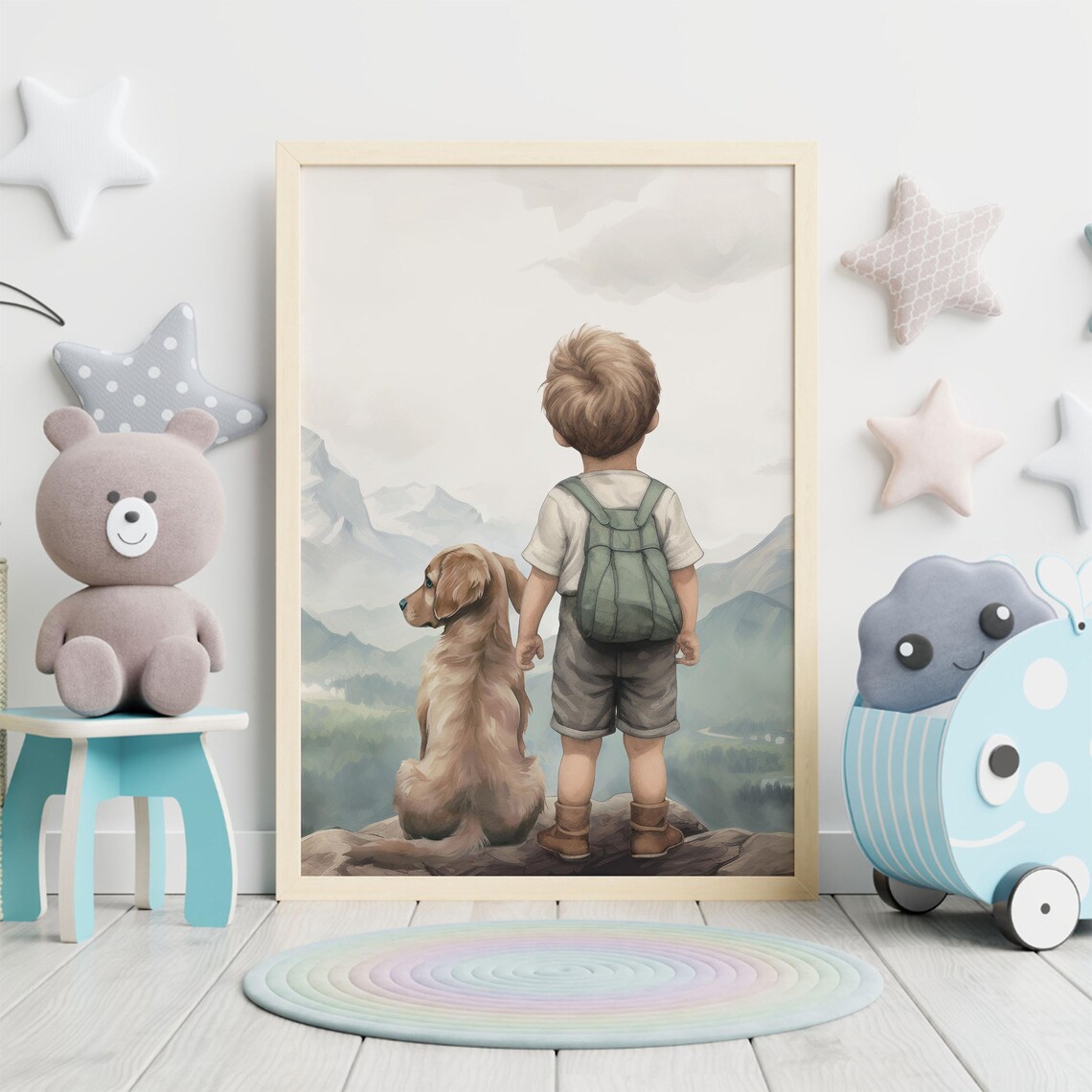 Boy and Golden Retriever Mountain Adventure Nursery Wall Art - Image 5