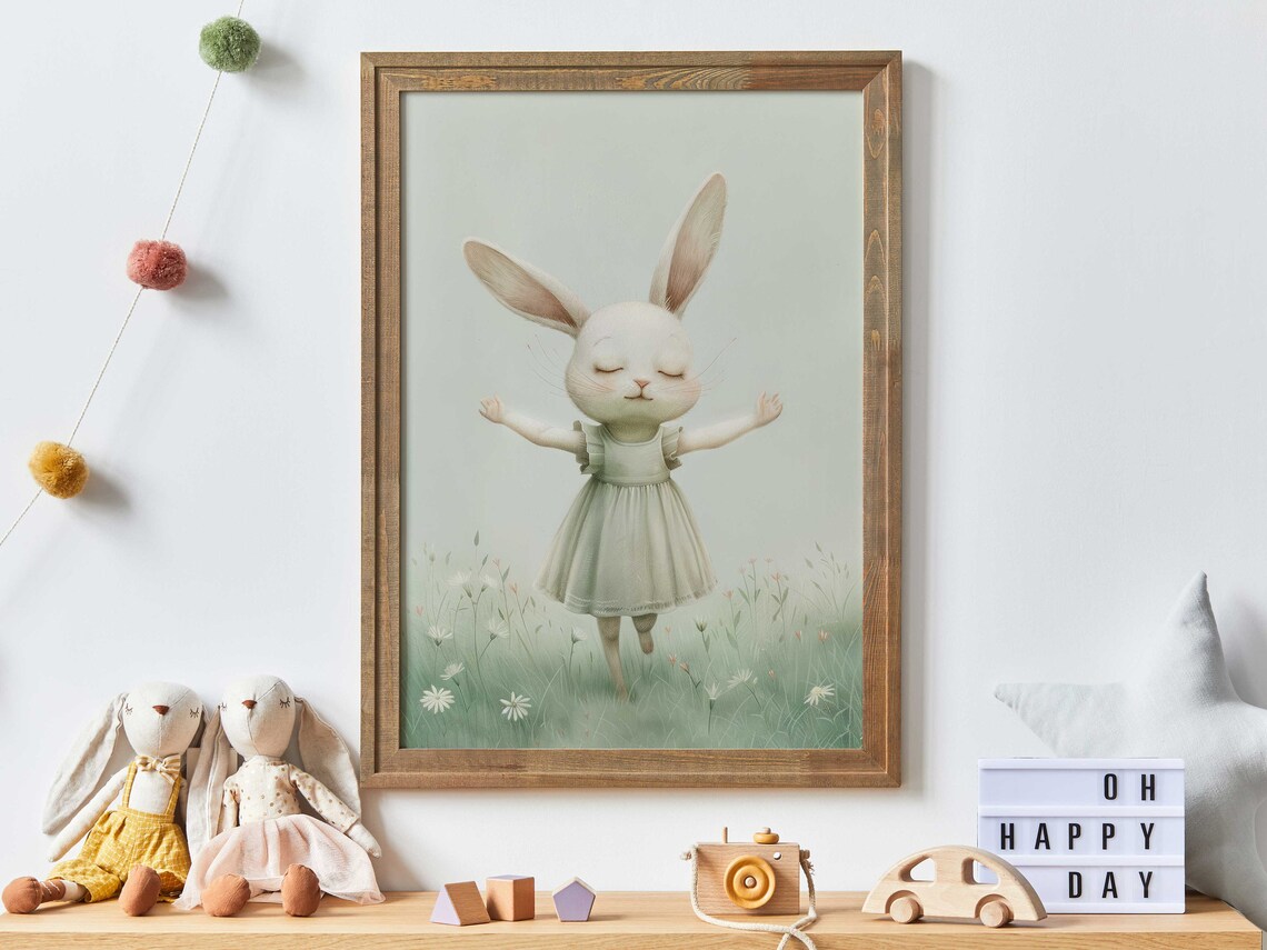 Happy White Bunny In Sage Dress Wildflower Meadow Nursery Poster