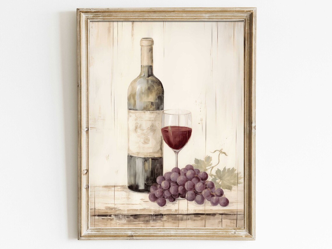 Red Wine Bottle With Glass And Purple Grapes Rustic Still Life Wall Art