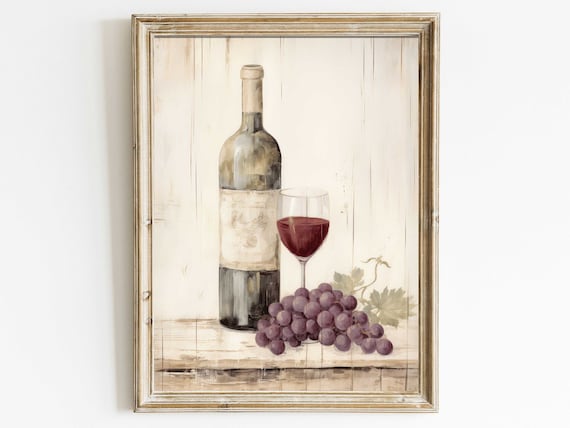 Red Wine Bottle With Glass And Purple Grapes Rustic Still Life Wall Art