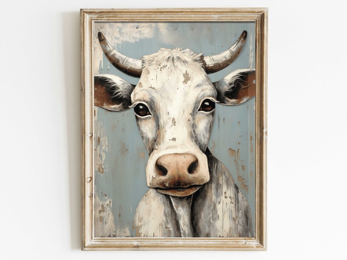 Vintage White Cow Portrait With Horns Rustic Farmhouse Poster