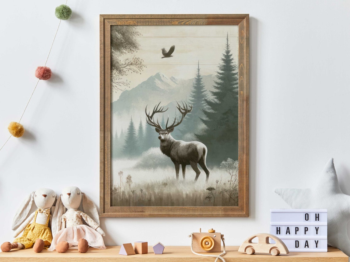 Stag Standing In Misty Mountain Meadow With Pine Forest Poster Art - Image 3