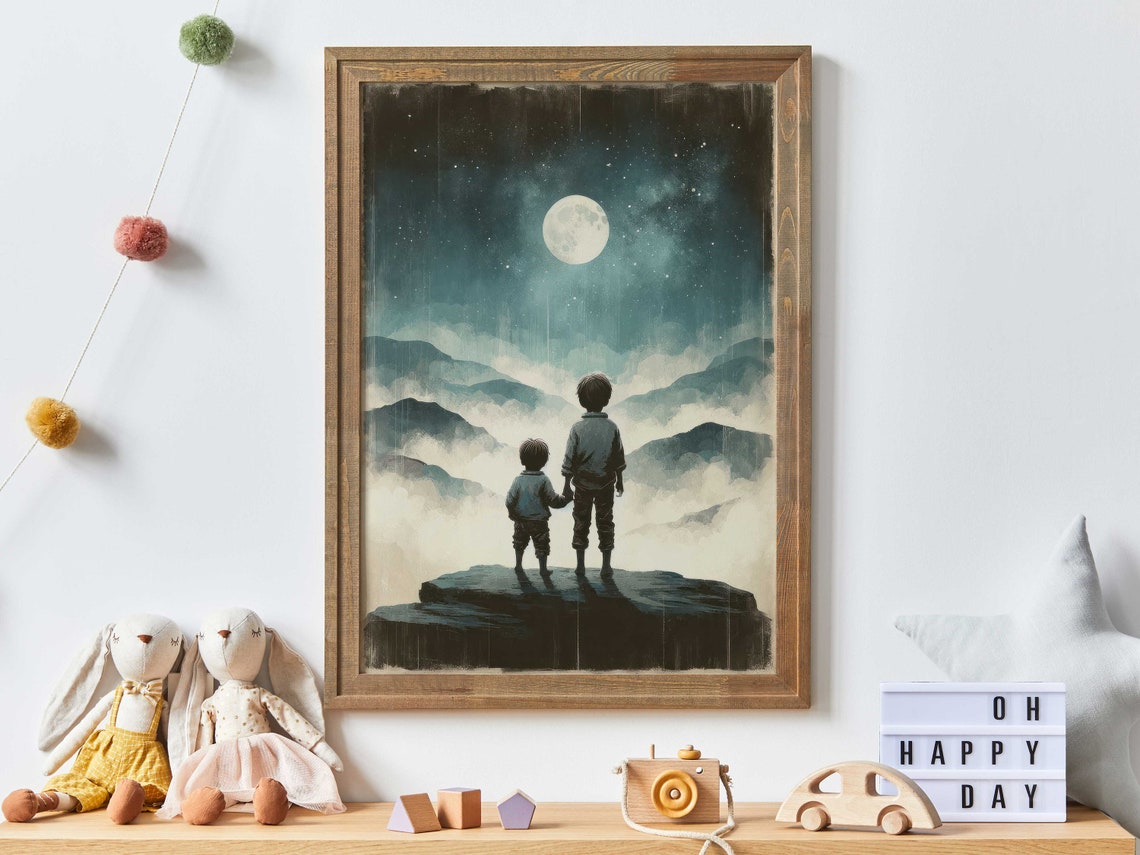 Two Brothers Gazing at Full Moon Over Misty Mountain Night Poster