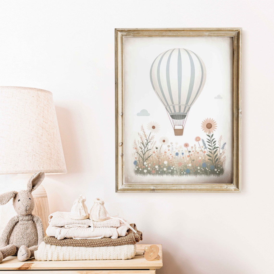 Blue Striped Hot Air Balloon Poster Wildflower Meadow Nursery Decor - Image 2