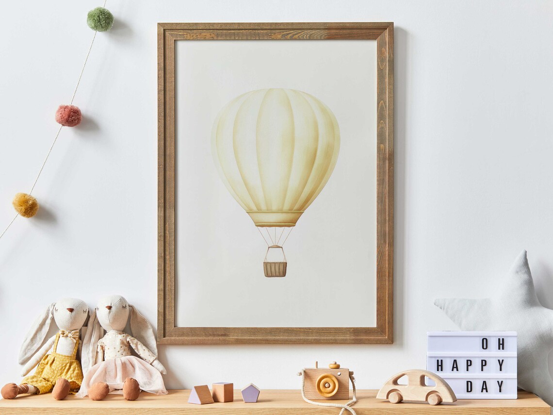 Yellow Hot Air Balloon Poster Minimalist Nursery Watercolor Travel Decor