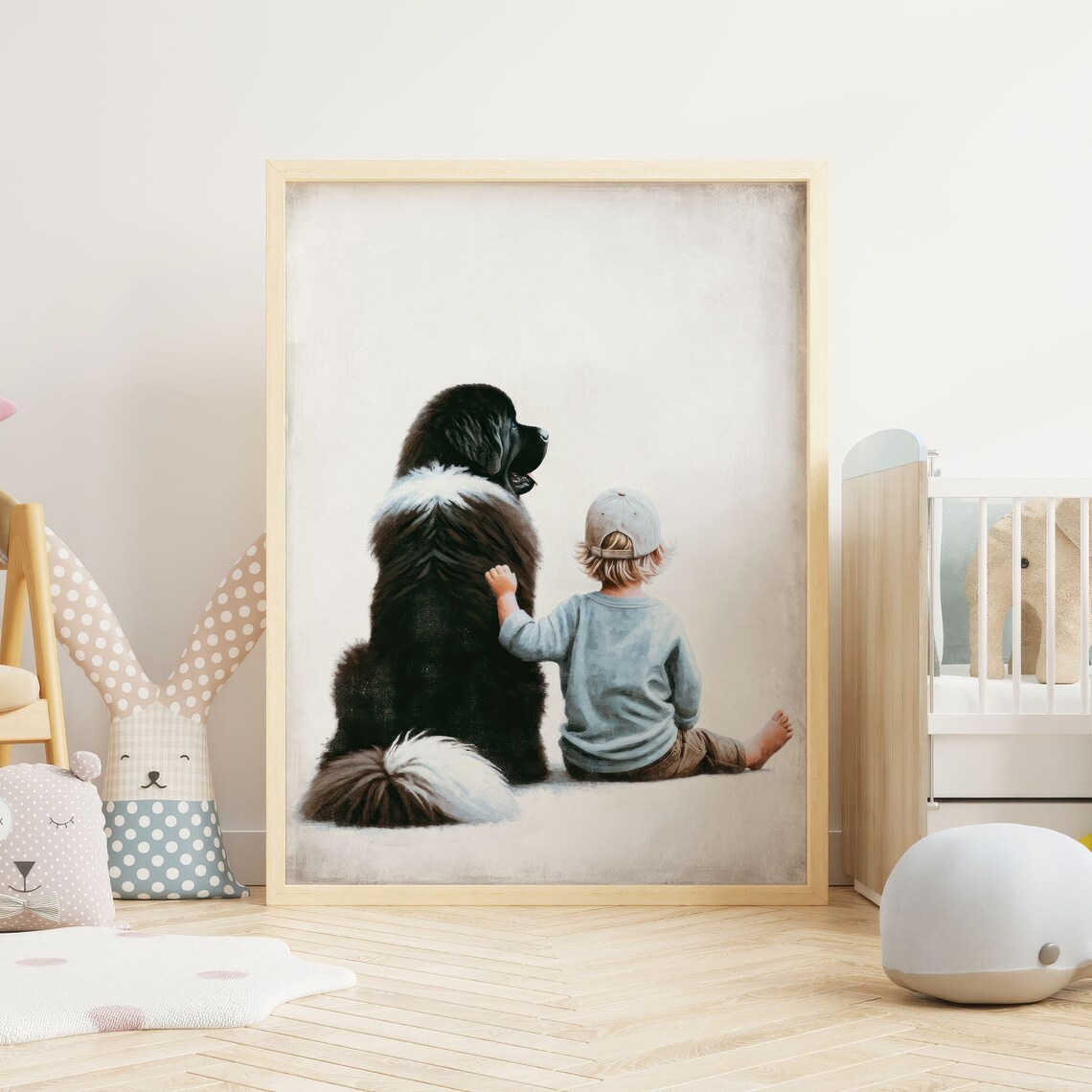 Little Boy Sitting Beside A Giant Black Newfoundland Dog Nursery Poster - Image 2