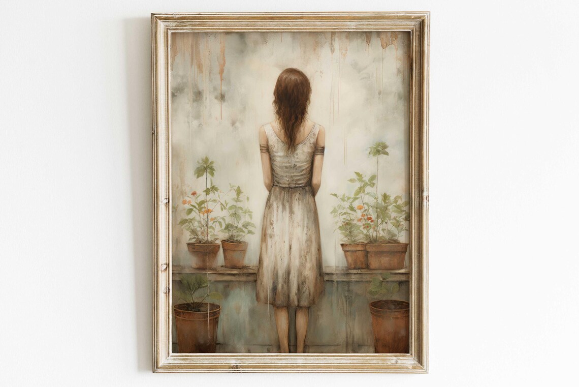 Woman Among Potted Flowers Distressed Elegant Home Decor Poster - Image 3