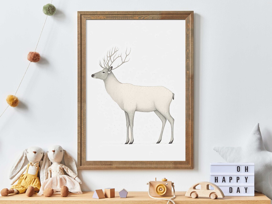 White Reindeer Minimalist Nordic Winter Nursery Baby Room Poster