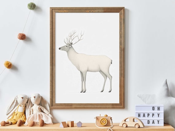 White Reindeer Minimalist Nordic Winter Nursery Baby Room Poster